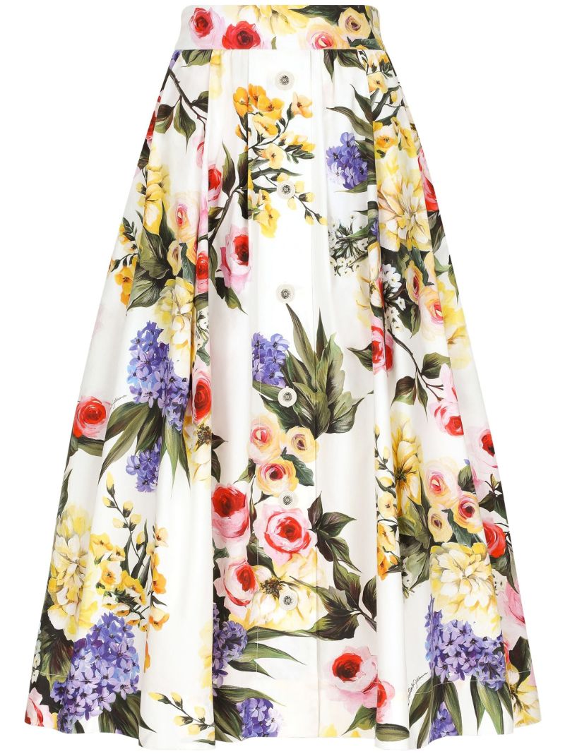 White Garden Print Midi Skirt