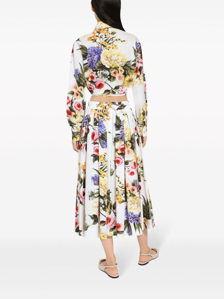 White Garden Print Midi Skirt