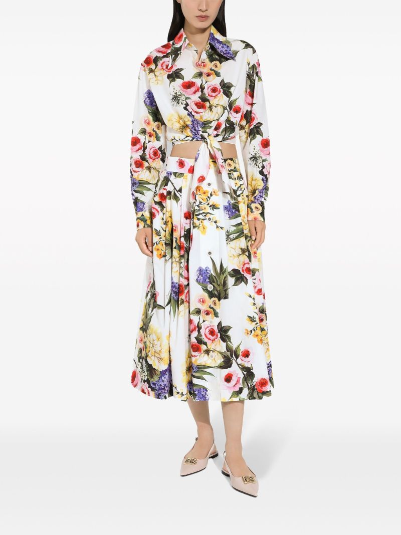 White Garden Print Midi Skirt
