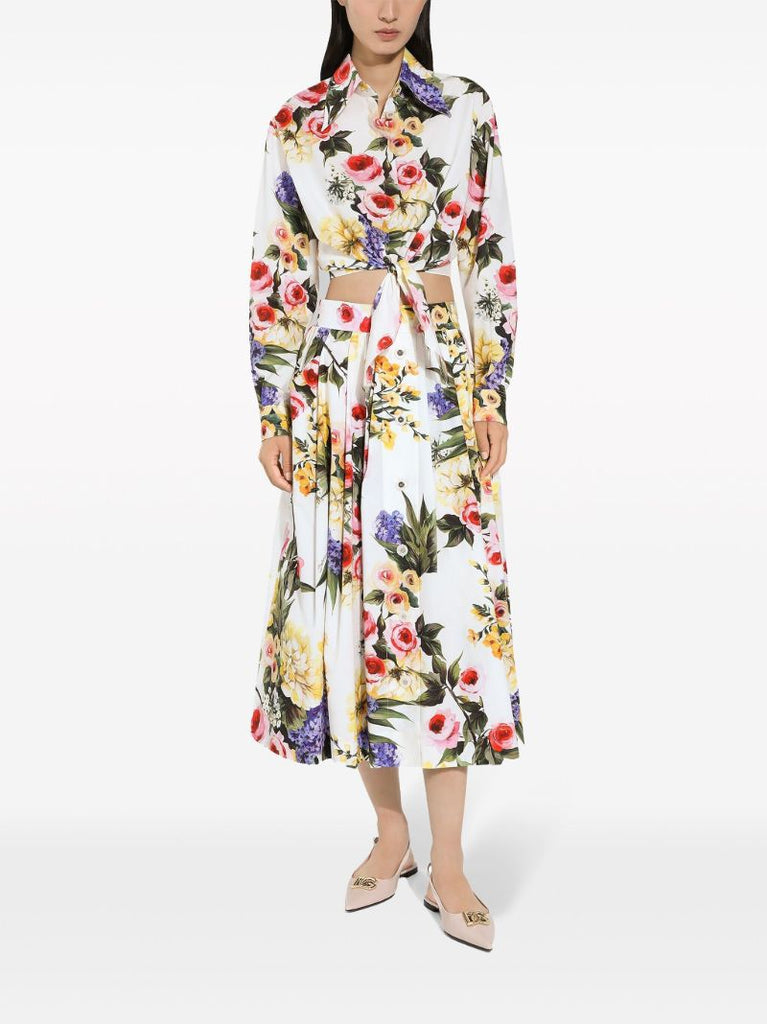 White Garden Print Midi Skirt