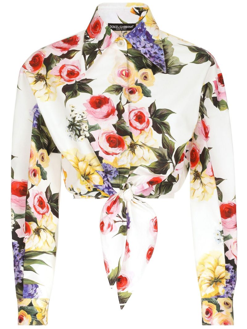 White Floral Print Cropped Shirt