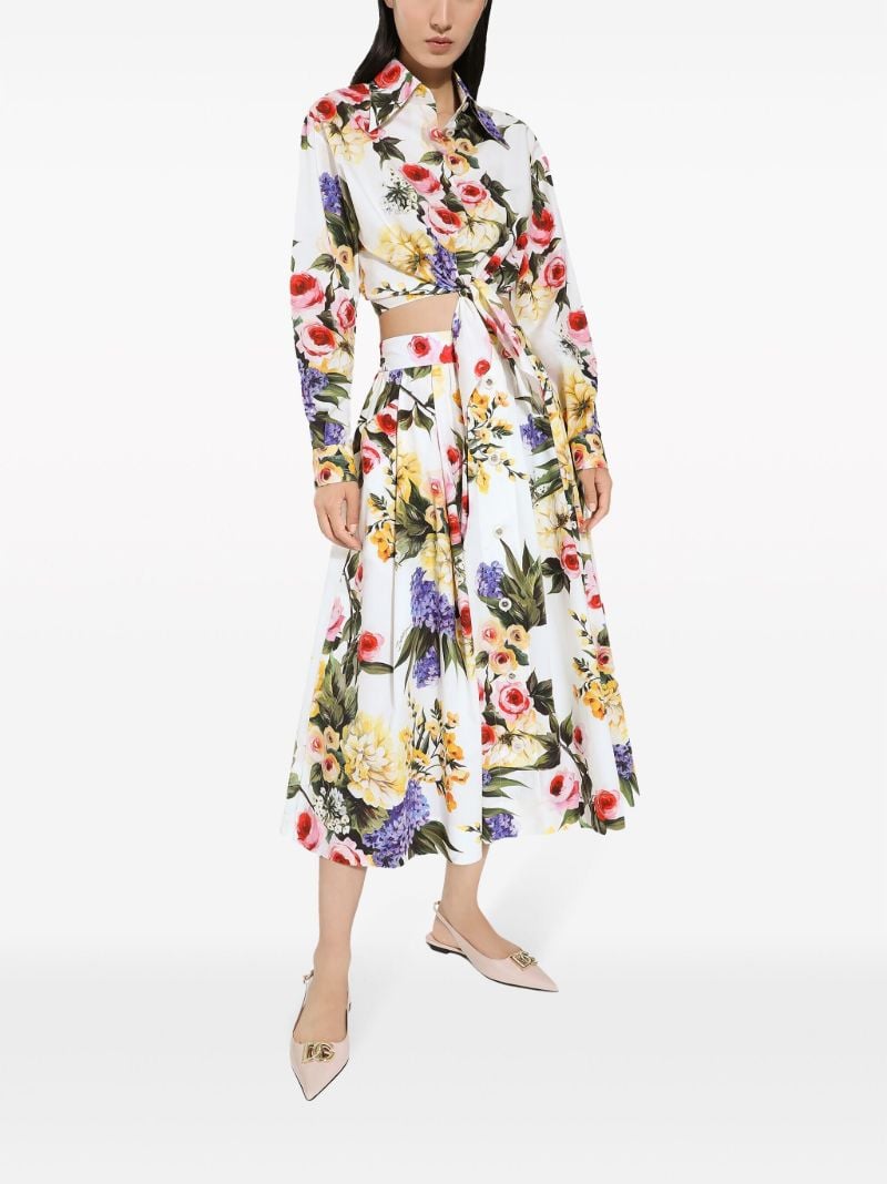 White Floral Print Cropped Shirt