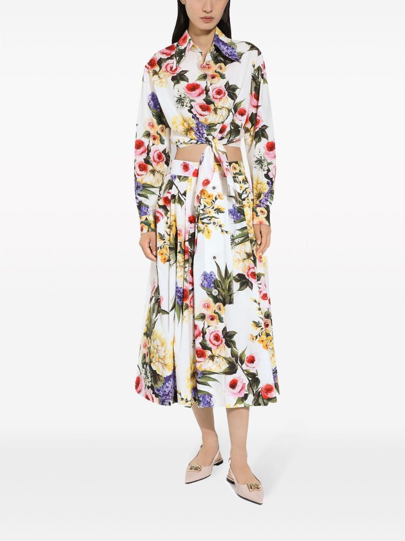 White Floral Print Cropped Shirt
