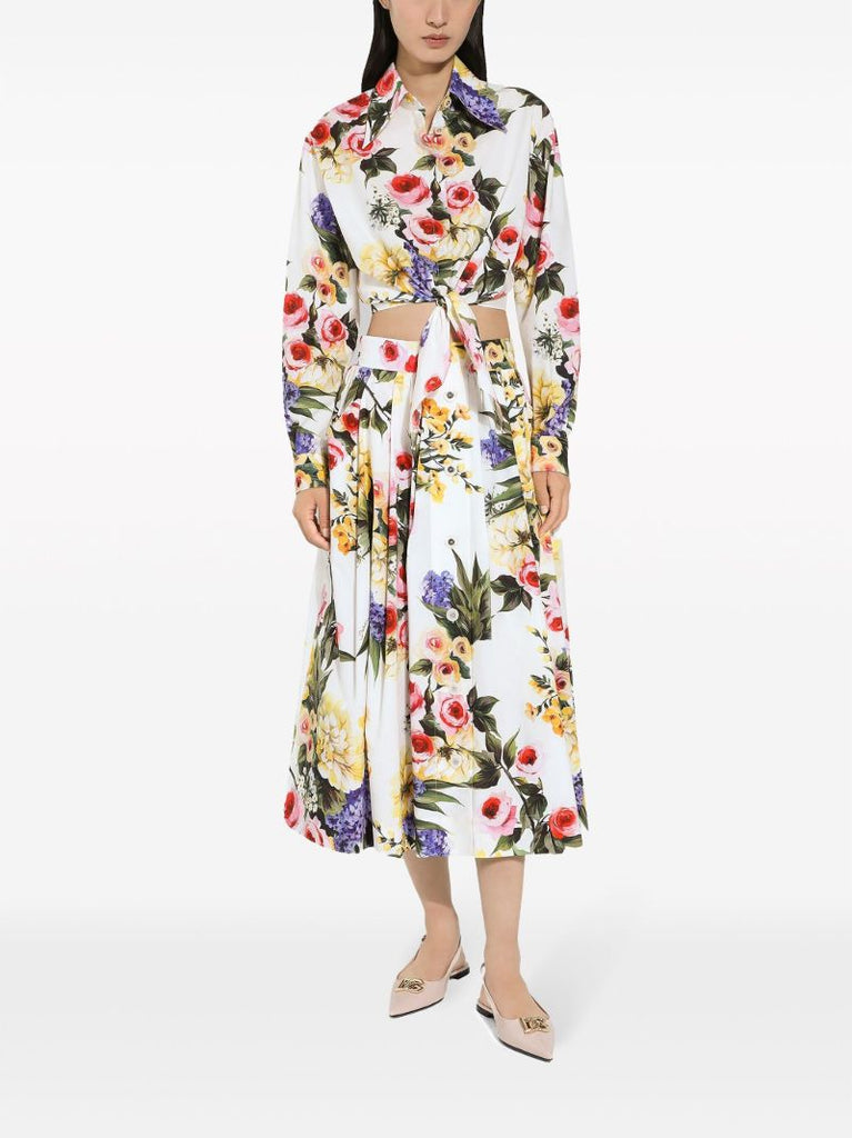 White Floral Print Cropped Shirt