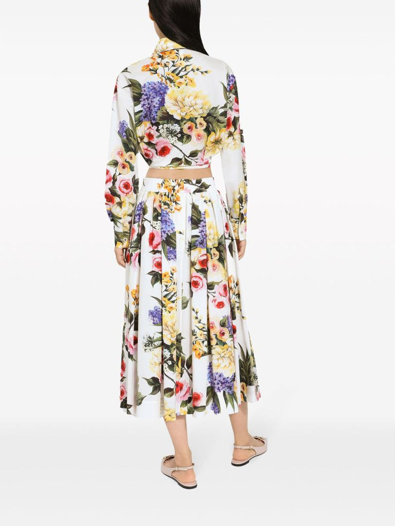 White Floral Print Cropped Shirt