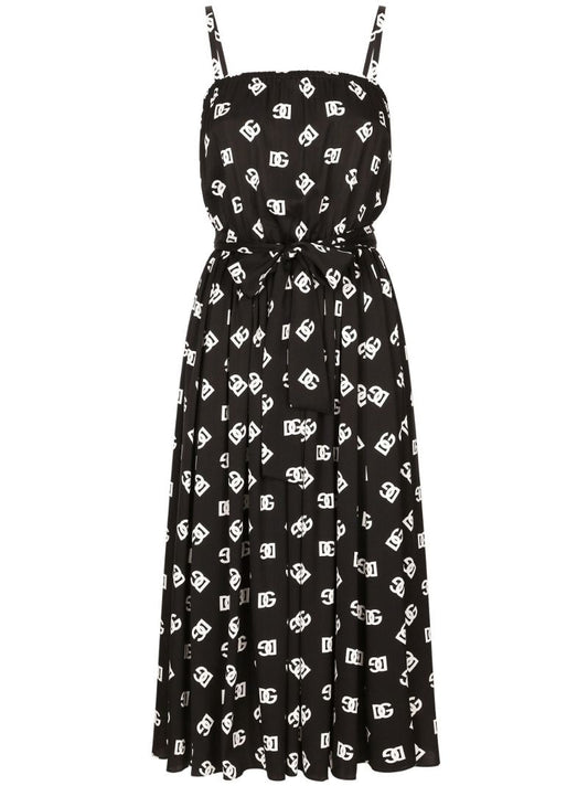 Black Dg Print Pleated Dress