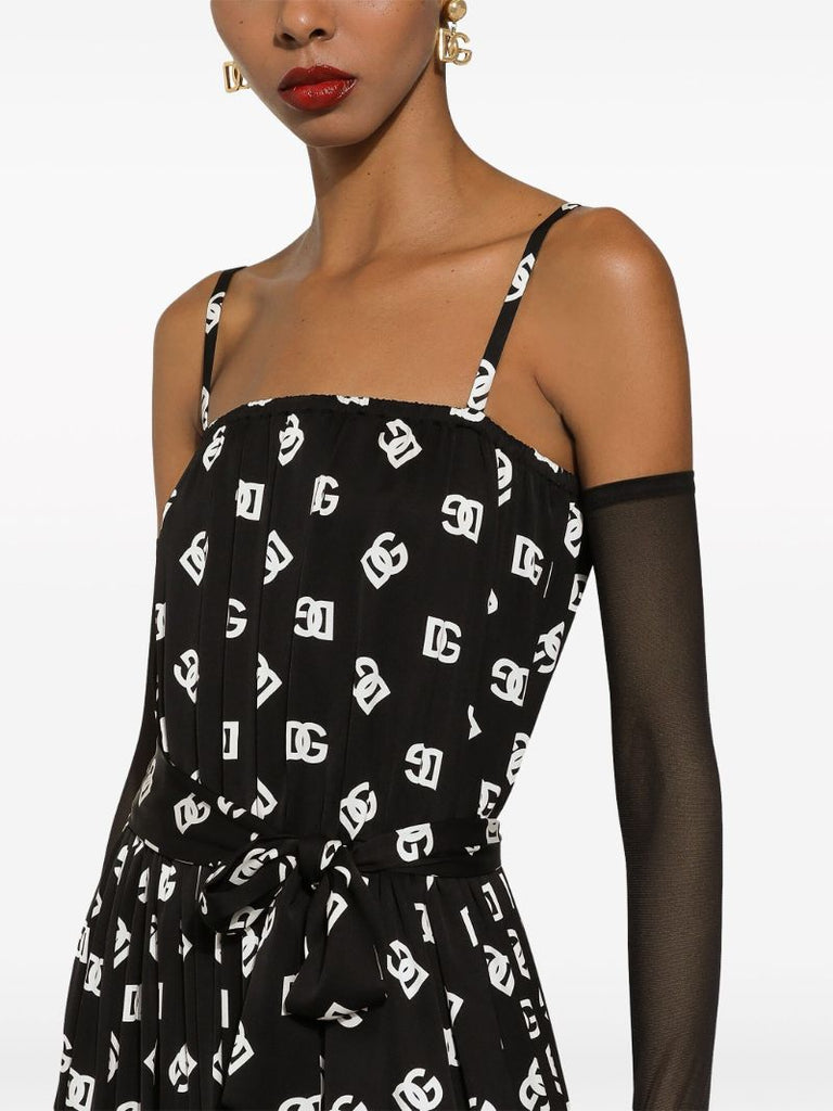 Black Dg Print Pleated Dress
