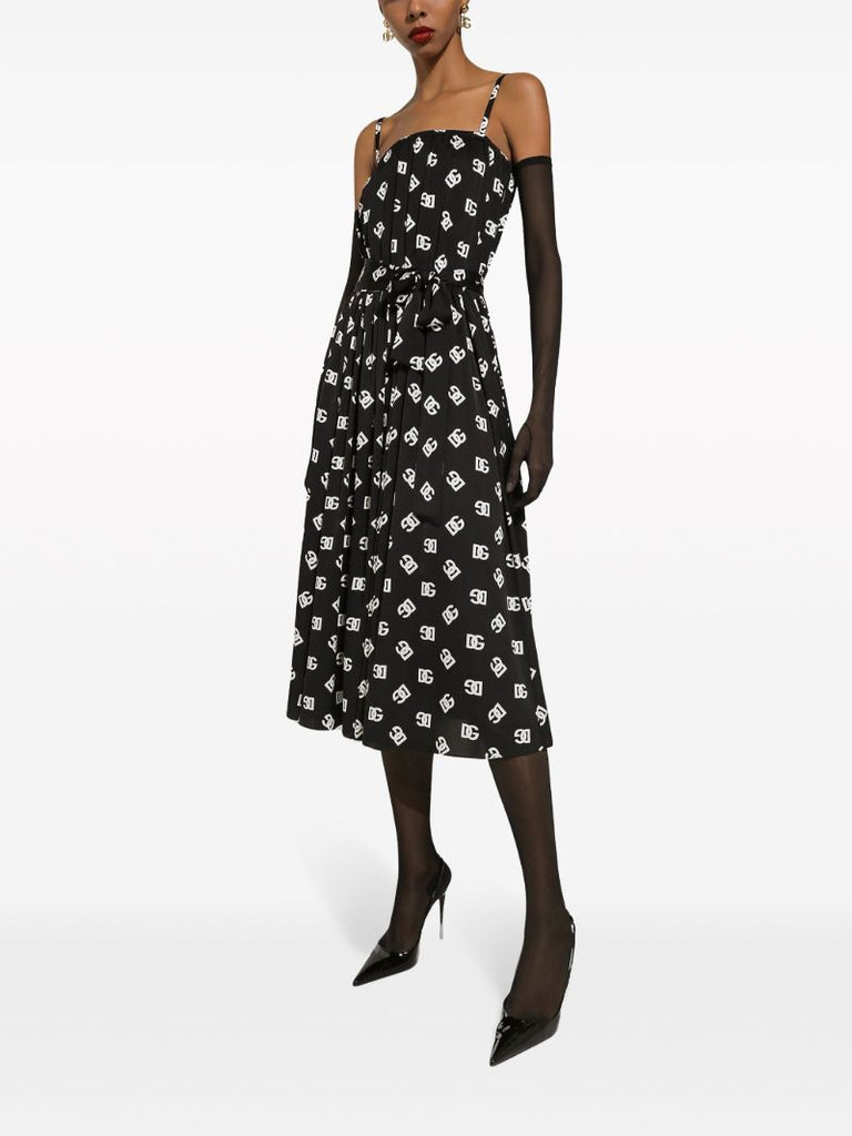 Black Dg Print Pleated Dress