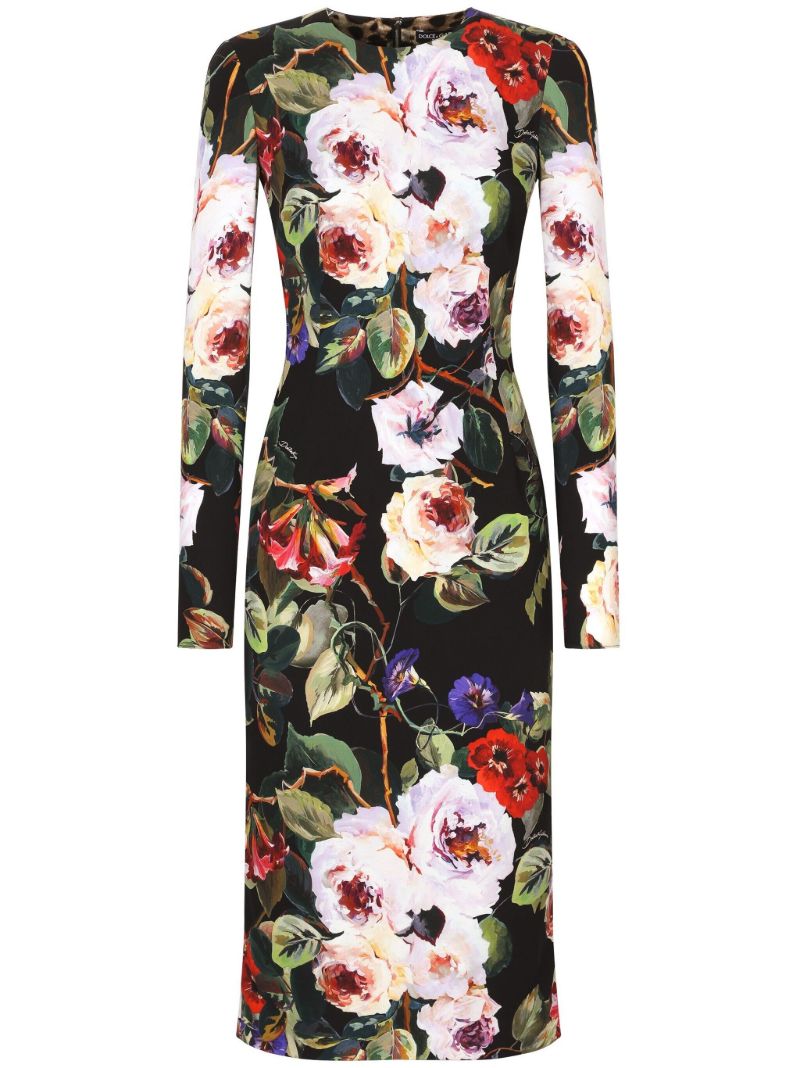 Black Floral Print Midi Dress