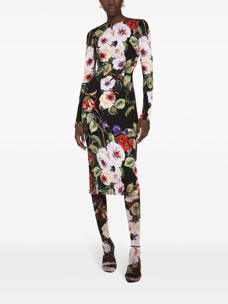 Black Floral Print Midi Dress