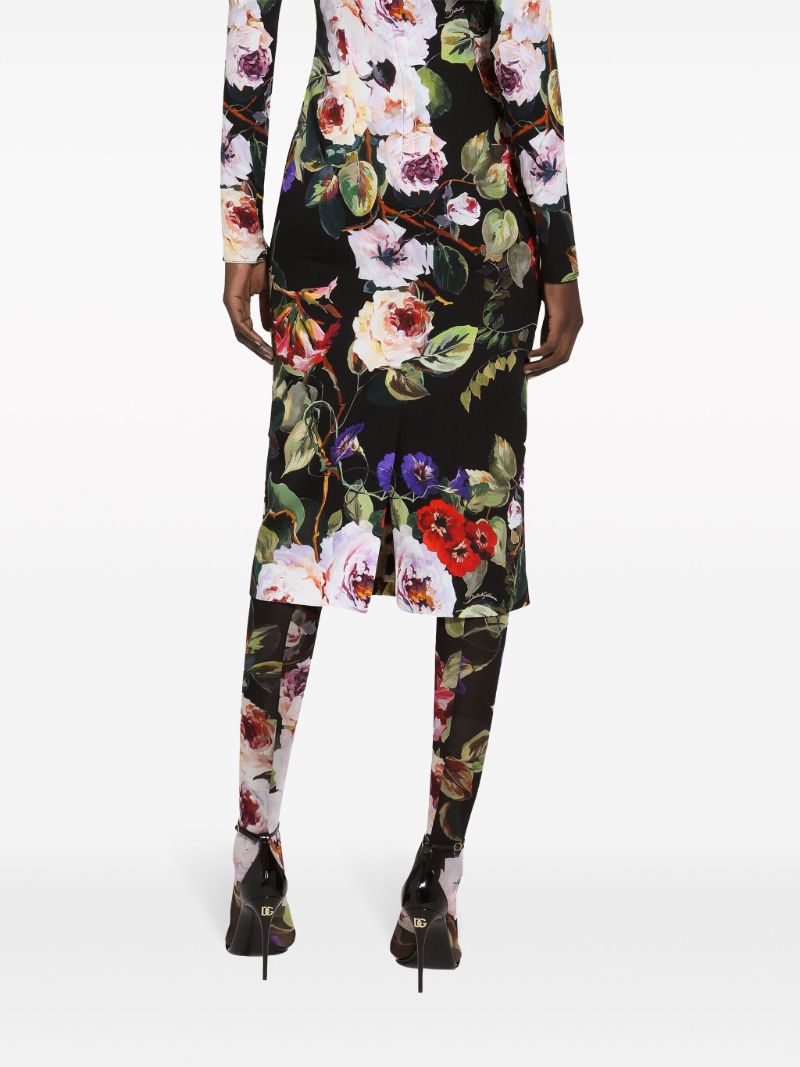 Black Floral Print Midi Dress