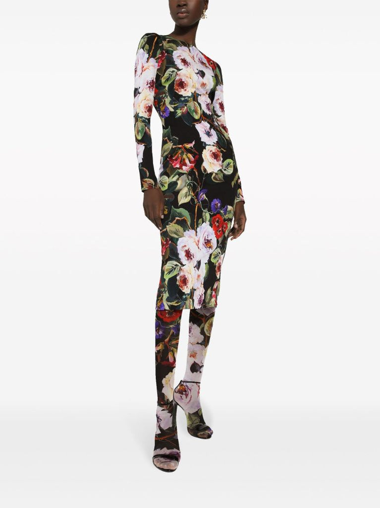 Black Floral Print Midi Dress