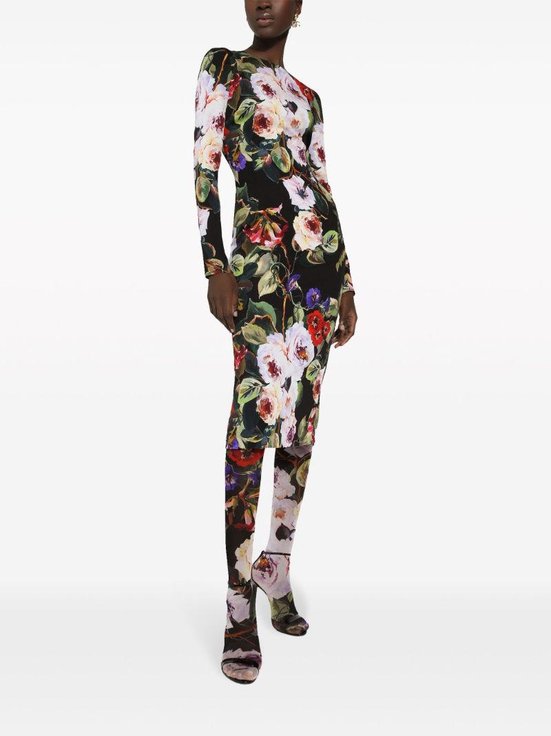 Black Floral Print Midi Dress