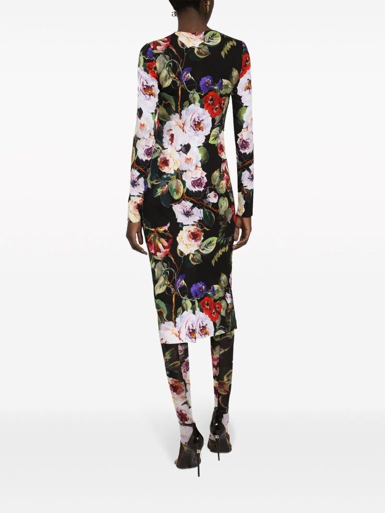 Black Floral Print Midi Dress