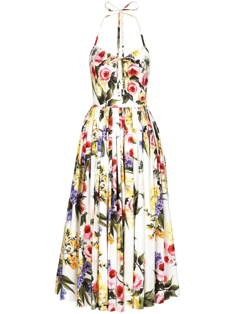 White Garden Pleated Midi Dress