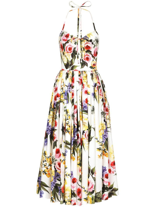 White Garden Pleated Midi Dress