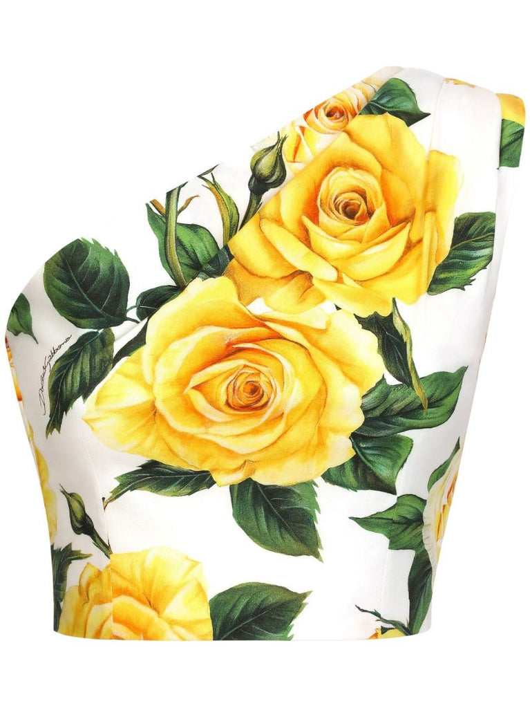 White Rose Print One-shoulder Top