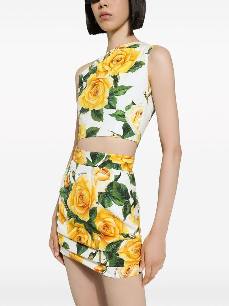 White Rose Print One-shoulder Top