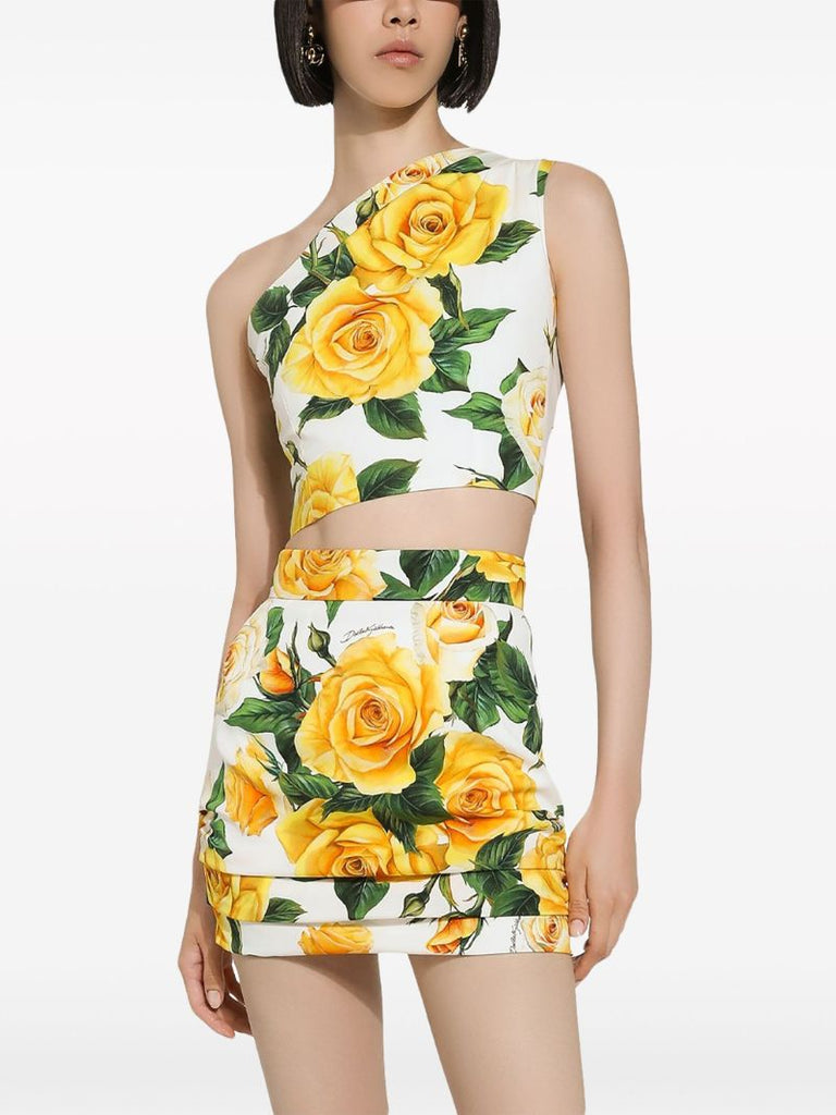 White Rose Print One-shoulder Top