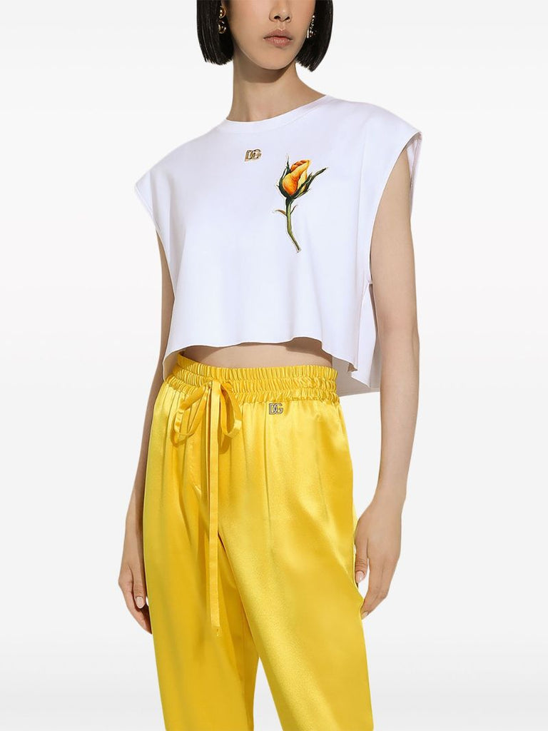 White Floral-appliquÃ_x0083_Â© Cropped T-shirt