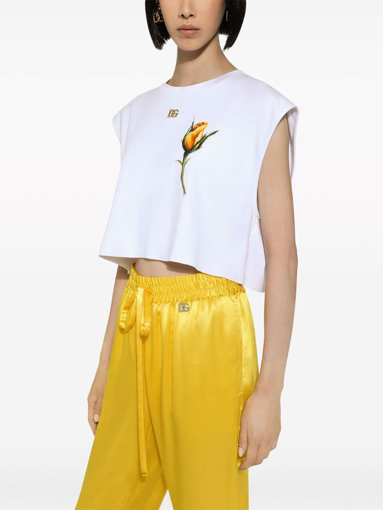 White Floral-appliquÃ_x0083_Â© Cropped T-shirt