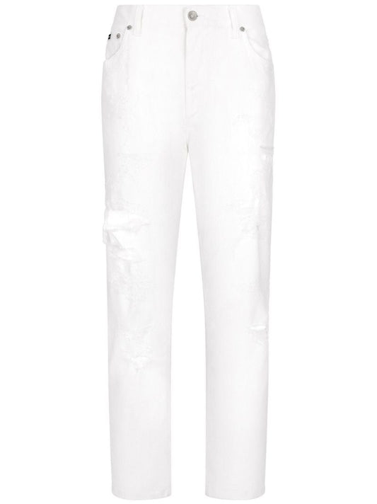 White Distressed Straight-leg Jeans
