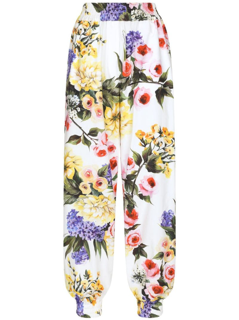 White Floral Print Cotton Track Pants
