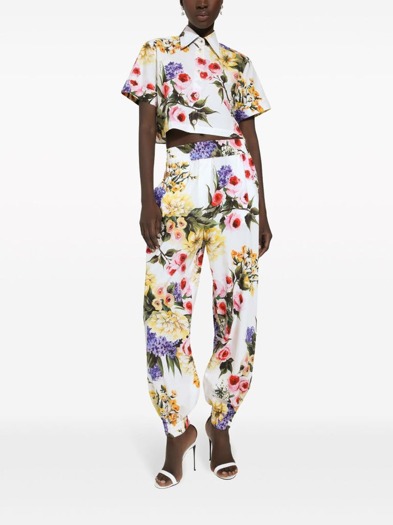 White Floral Print Cotton Track Pants