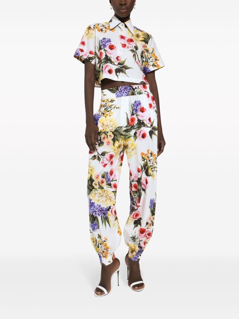 White Floral Print Cotton Track Pants
