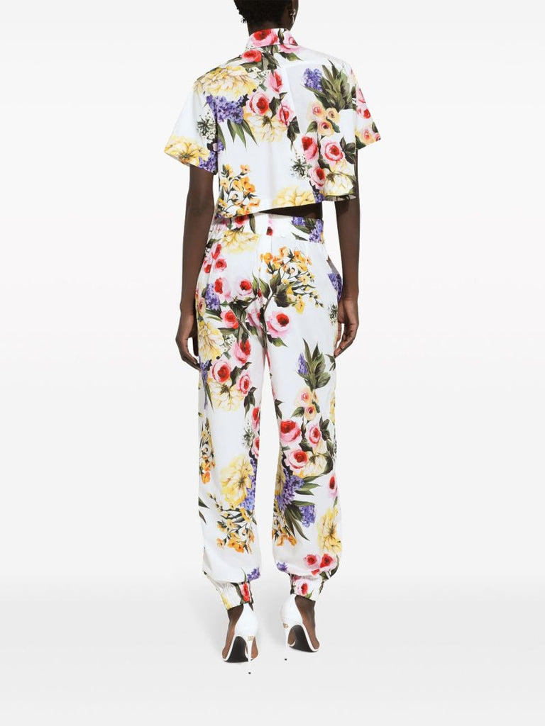 White Floral Print Cotton Track Pants