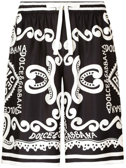 Blue Marina-print Silk Shorts