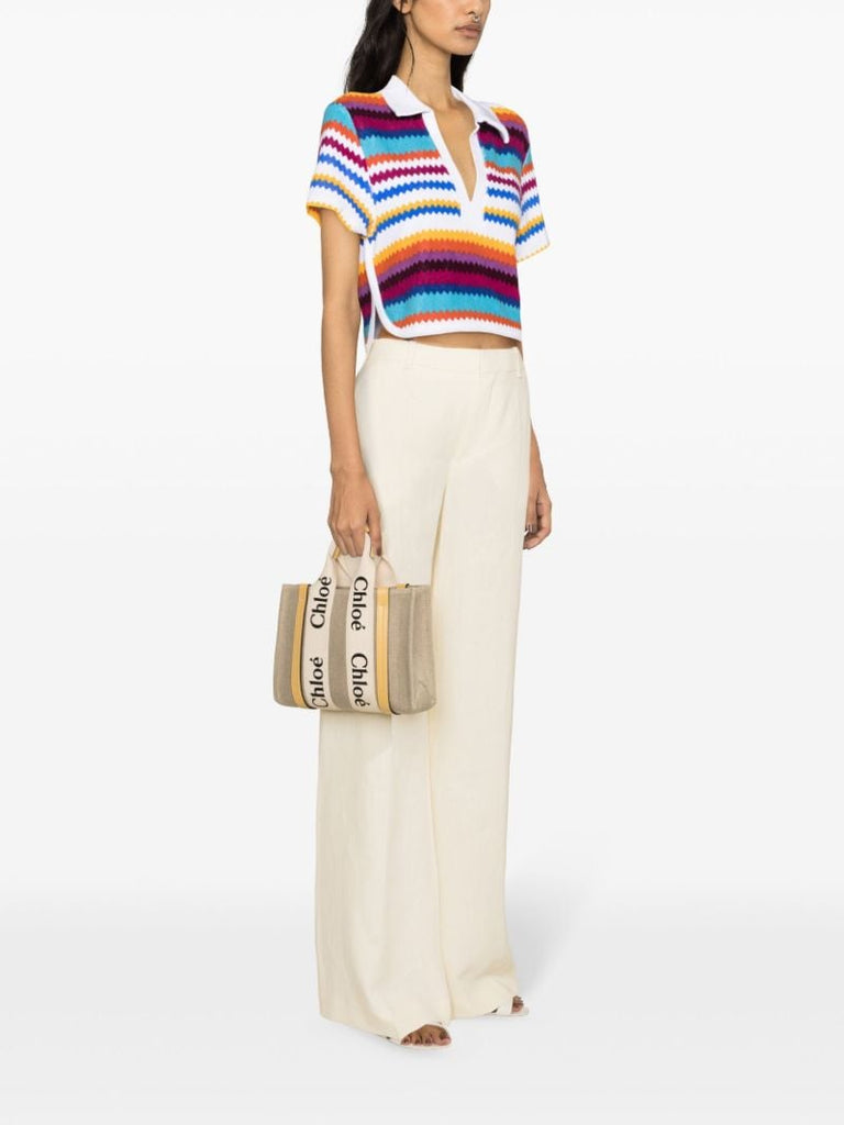 White Zigzag Cropped Polo Top