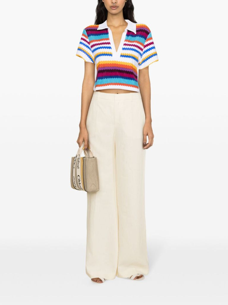 White Zigzag Cropped Polo Top