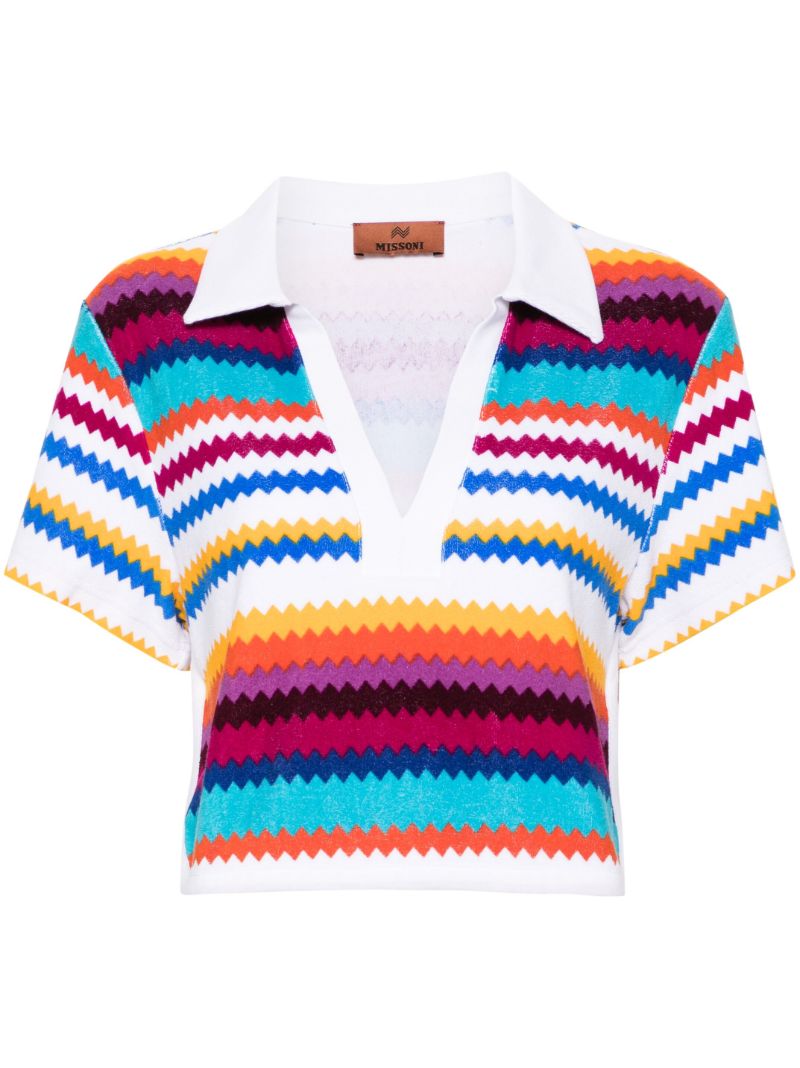 White Zigzag Cropped Polo Top