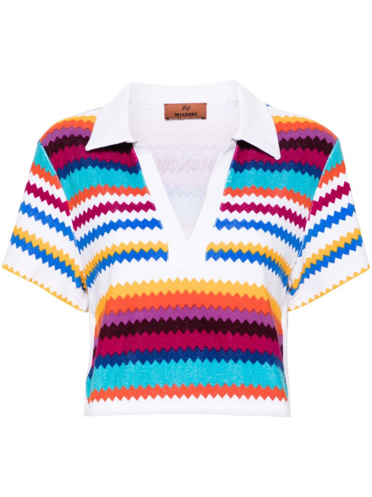 White Zigzag Cropped Polo Top