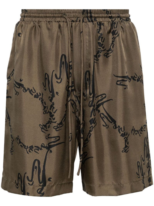 Green Abstract-print Silk Shorts