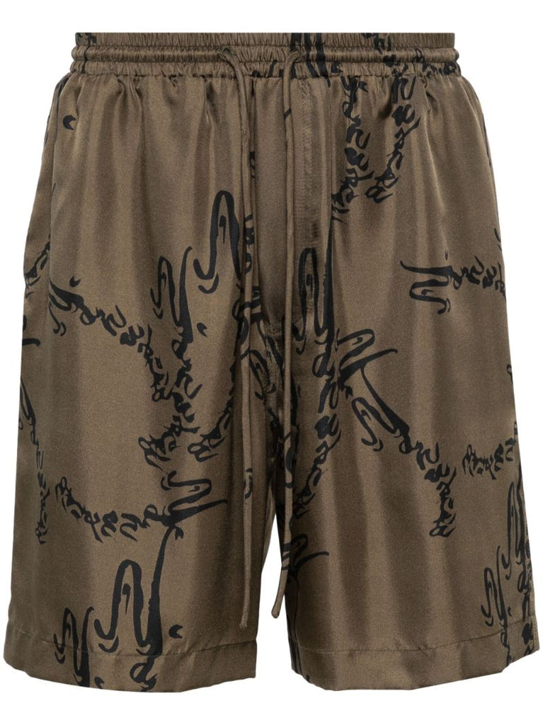 Green Abstract-print Silk Shorts