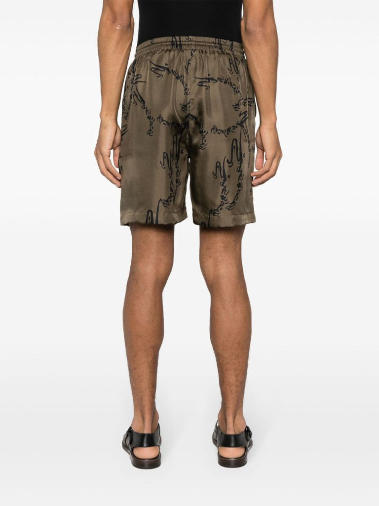 Green Abstract-print Silk Shorts