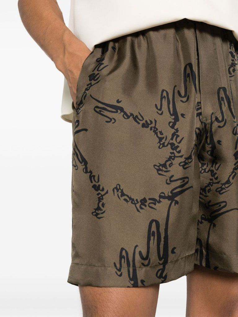 Green Abstract-print Silk Shorts
