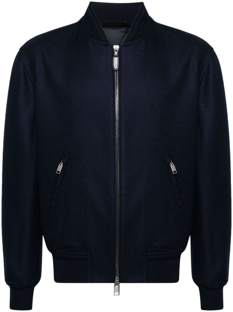 Blue Zip-up Wool Bomber Jacket