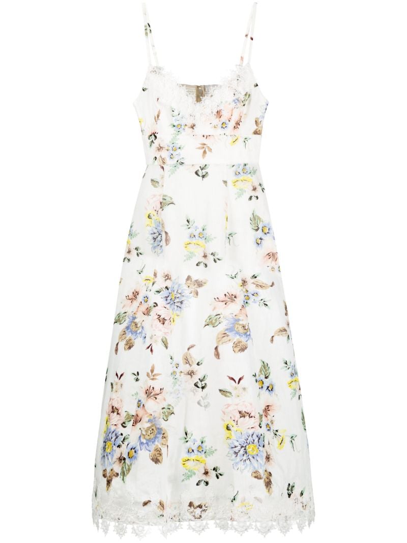 White Applique Picnic Floral-print Midi Dress