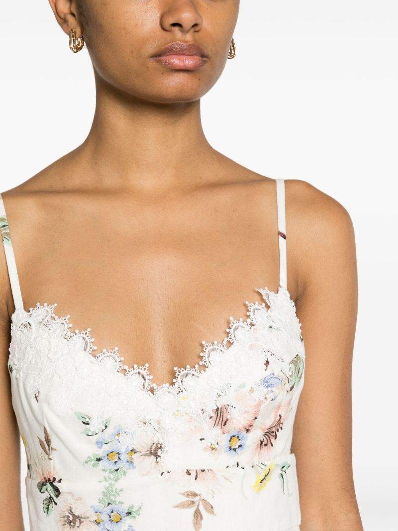 White Applique Picnic Floral-print Midi Dress