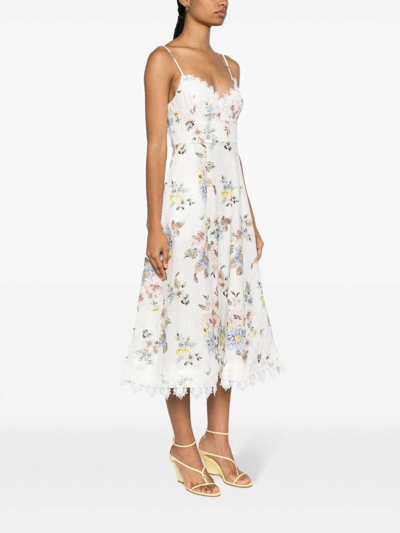 White Applique Picnic Floral-print Midi Dress