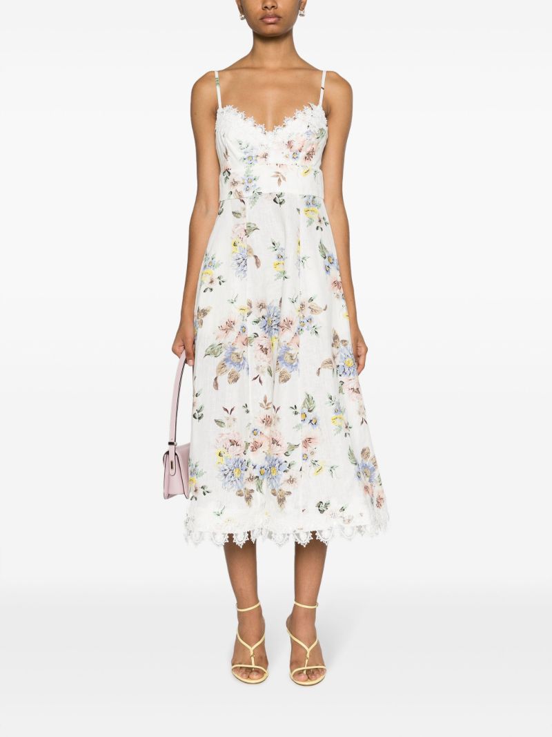 White Applique Picnic Floral-print Midi Dress