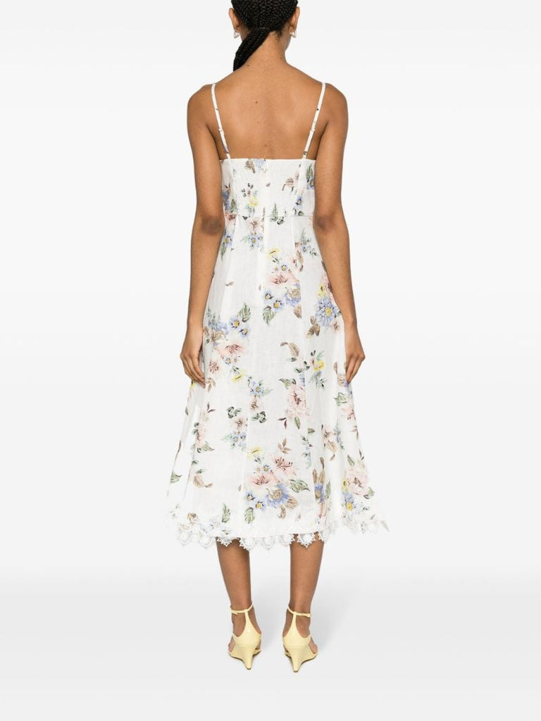 White Applique Picnic Floral-print Midi Dress