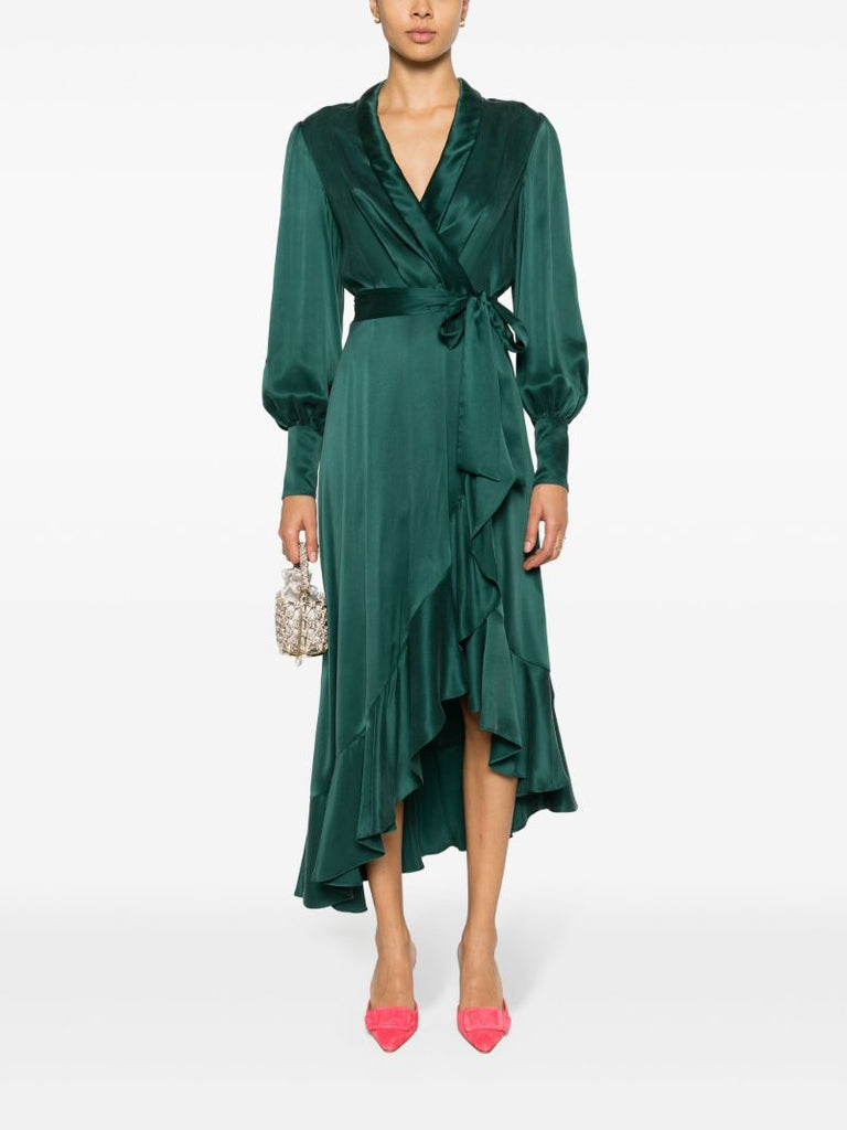 Green Ruffled-trim Silk Wrap Dress