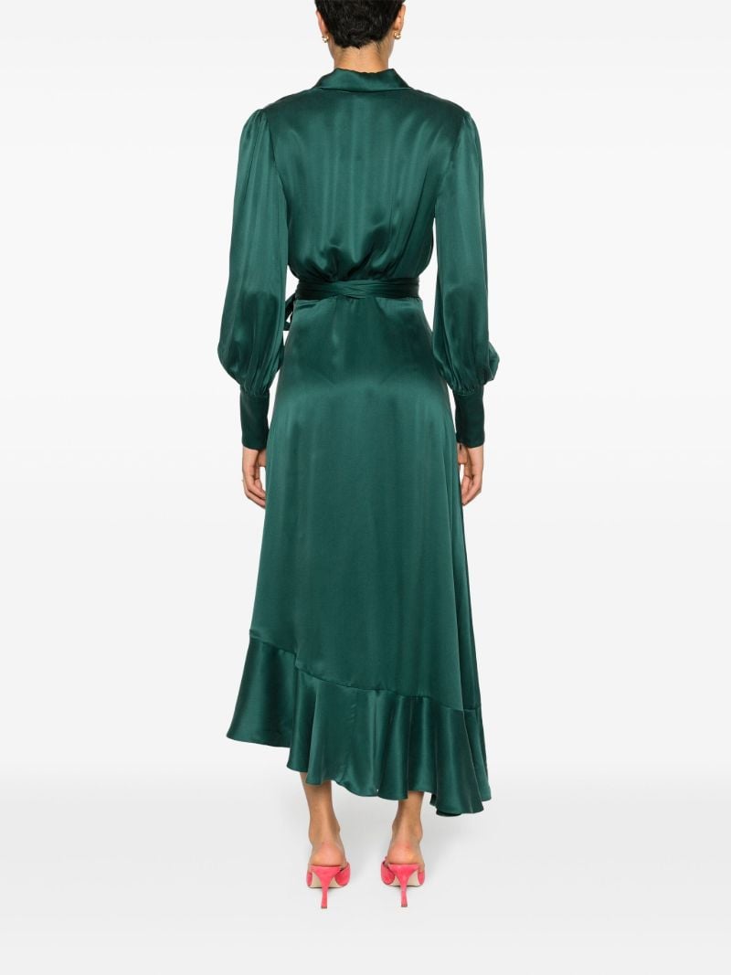 Green Ruffled-trim Silk Wrap Dress