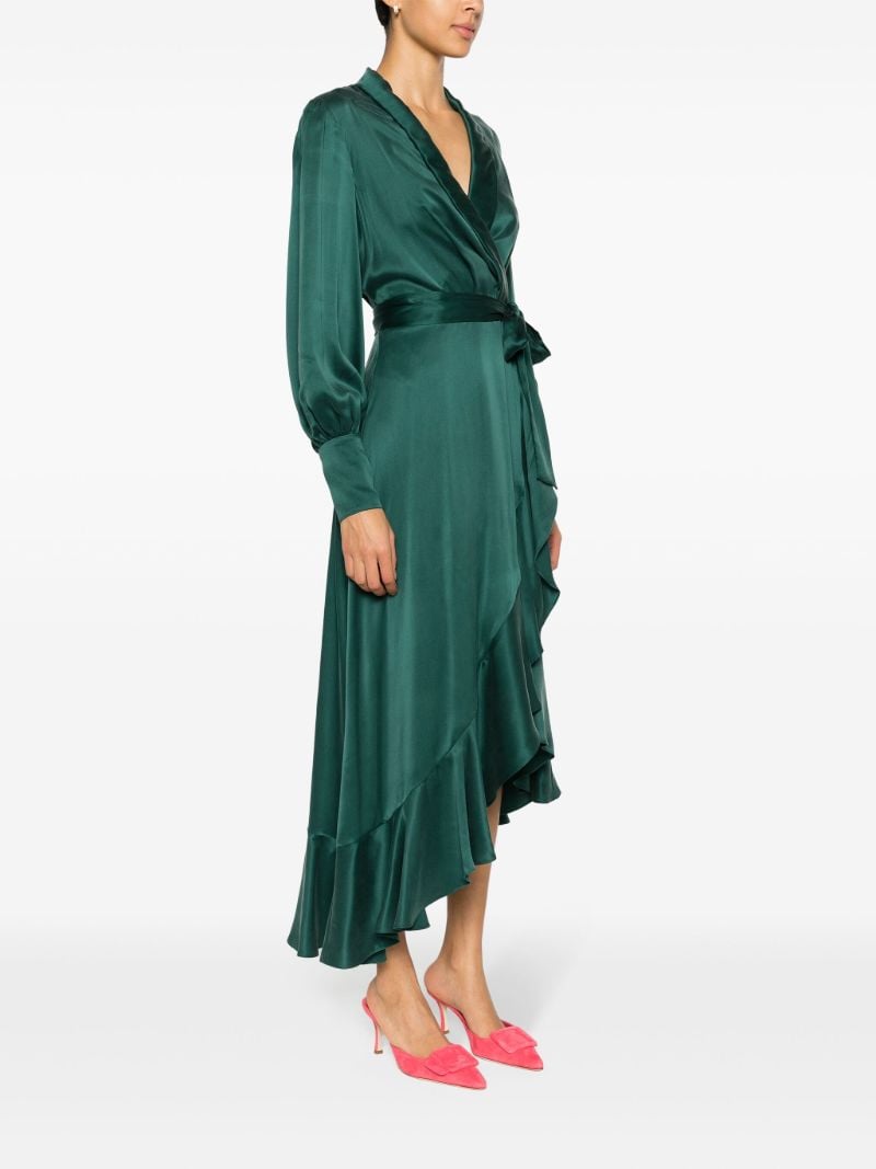 Green Ruffled-trim Silk Wrap Dress