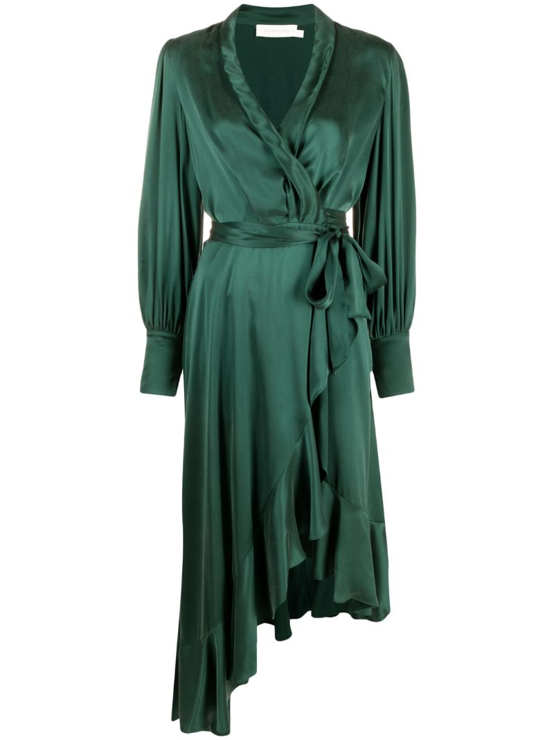 Green Ruffled-trim Silk Wrap Dress