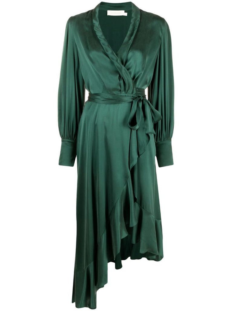 Green Ruffled-trim Silk Wrap Dress